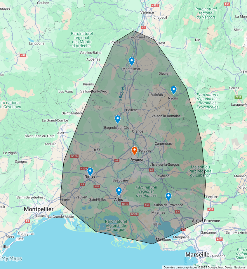 Carte de la zone d’intervention autour d’Avignon – NDSI Consult Pro